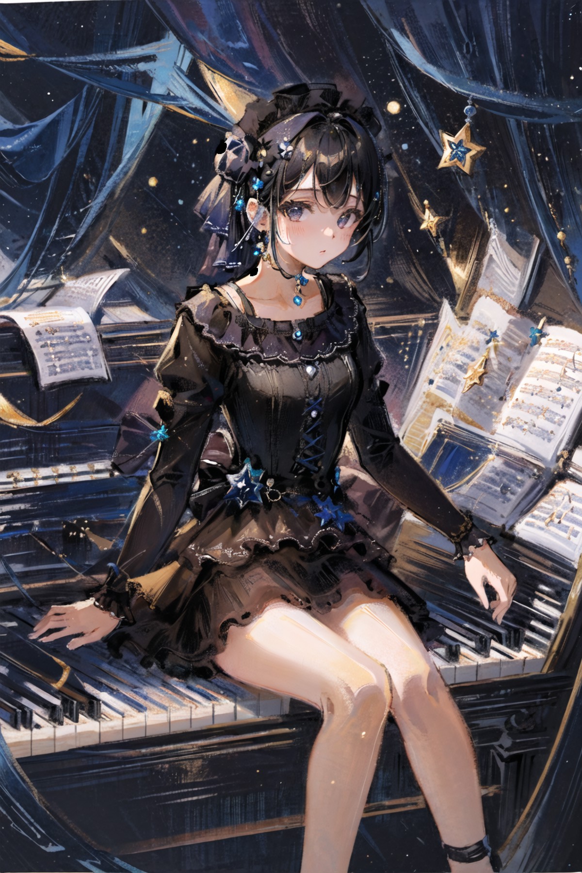 masterpiece,best quality,1girl,looking at viewer,starry <lora:ML:1>,starry, piano,sitting,dress,azure_theme,musical note,